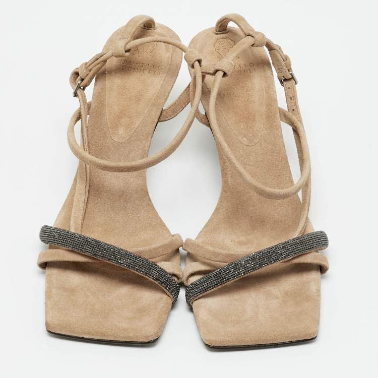 Pre Owned Brunello Cucinelli Monili Size 38 Beige Suede Ankle Strap Sandals