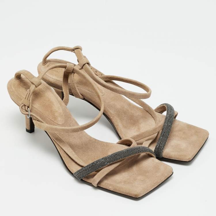 Pre Owned Brunello Cucinelli Monili Size 38 Beige Suede Ankle Strap Sandals