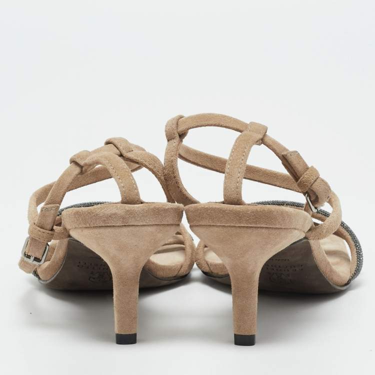 Pre Owned Brunello Cucinelli Monili Size 38 Beige Suede Ankle Strap Sandals