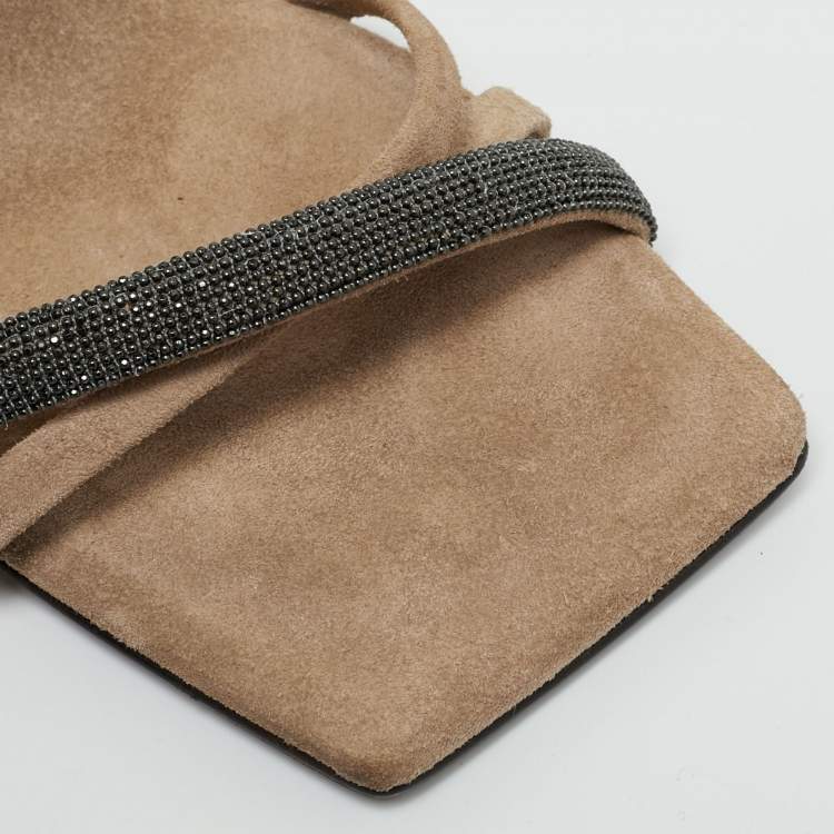 Pre Owned Brunello Cucinelli Monili Size 38 Beige Suede Ankle Strap Sandals