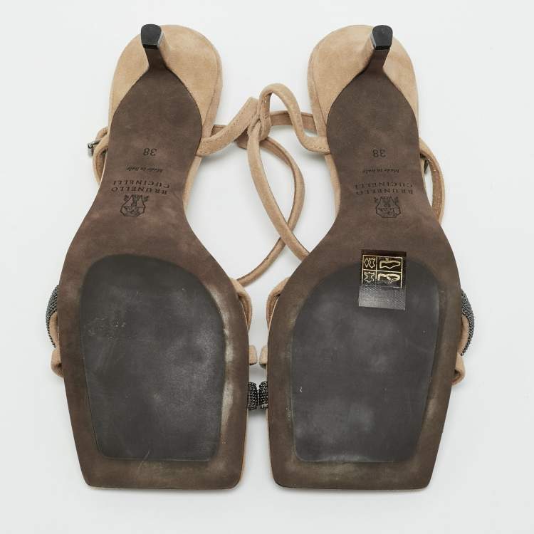 Pre Owned Brunello Cucinelli Monili Size 38 Beige Suede Ankle Strap Sandals