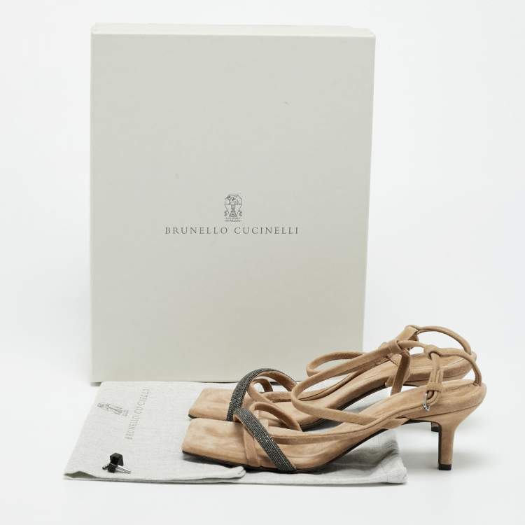 Pre Owned Brunello Cucinelli Monili Size 38 Beige Suede Ankle Strap Sandals