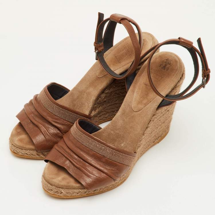 Pre Owned Brunello Cucinelli Size 40 Brown Leather Espadrille Platform Wedge Sandals