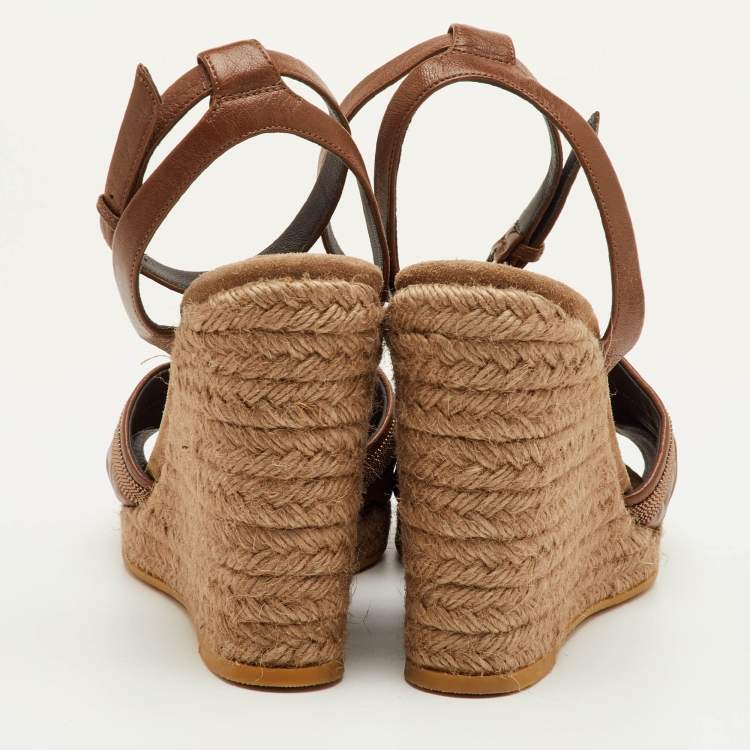 Pre Owned Brunello Cucinelli Size 40 Brown Leather Espadrille Platform Wedge Sandals