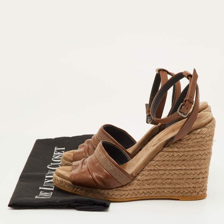 Pre Owned Brunello Cucinelli Size 40 Brown Leather Espadrille Platform Wedge Sandals
