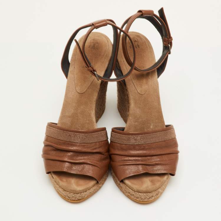 Pre Owned Brunello Cucinelli Size 40 Brown Leather Espadrille Platform Wedge Sandals