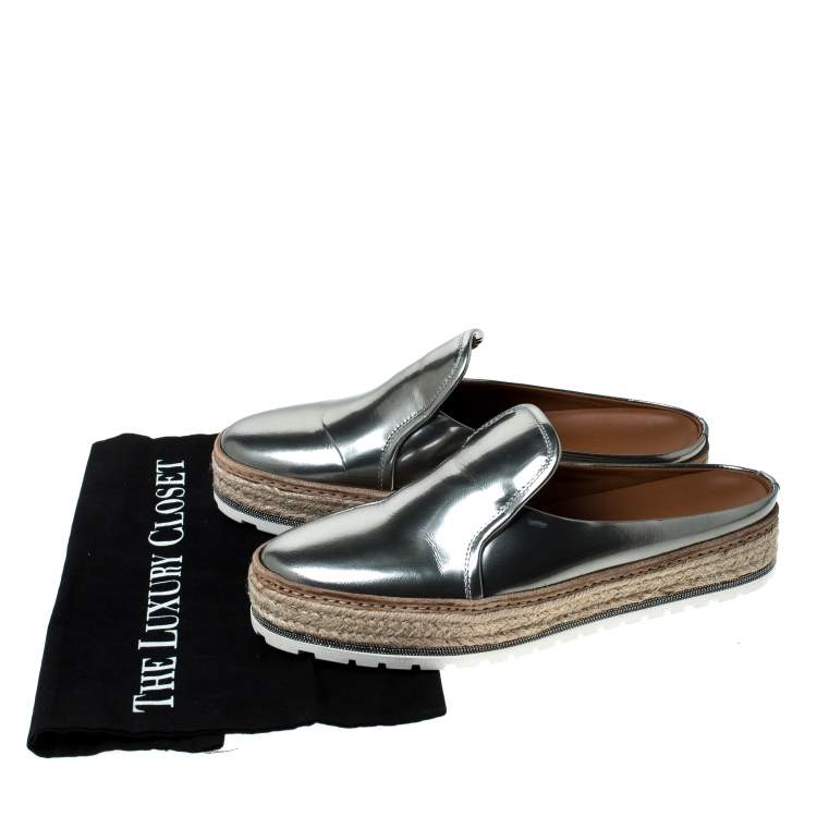 Pre Owned Brunello Cucinelli Metallic Silver Leather Espadrille Mules Size 40