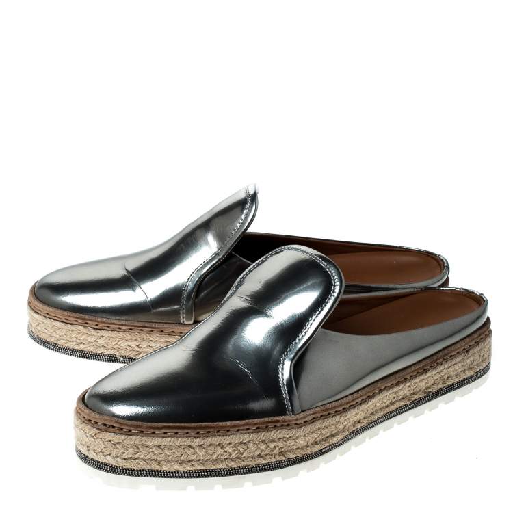 Pre Owned Brunello Cucinelli Metallic Silver Leather Espadrille Mules Size 40