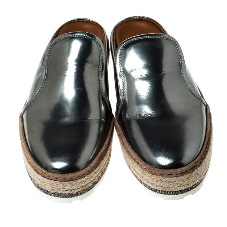 Pre Owned Brunello Cucinelli Metallic Silver Leather Espadrille Mules Size 40