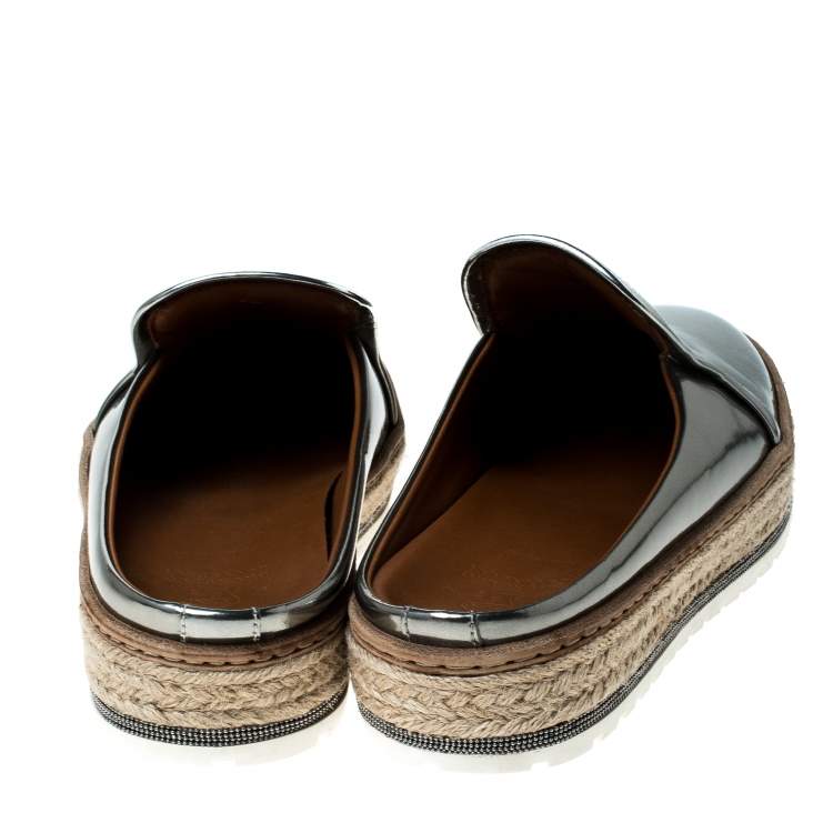 Pre Owned Brunello Cucinelli Metallic Silver Leather Espadrille Mules Size 40
