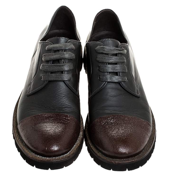 Pre Owned Brunello Cucinelli Dark Grey/Brown Leather Cap Toe Lace Oxfords Size 37