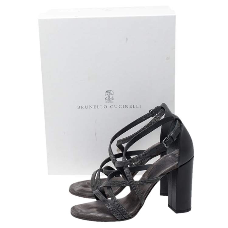 مملوكة مسبقًا Brunello Cucinelli Metallic Grey Bead And Leather Strappy Sandals Size 36