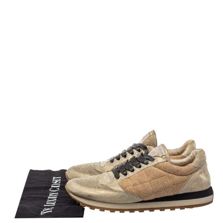 Pre Owned Brunello Cucinelli Metallic Gold Glitter Suede And Jute Beaded Accents Sneakers Size 38