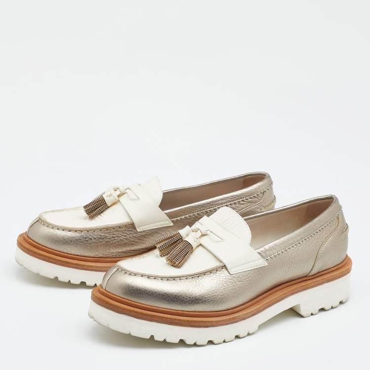 Pre Owned Brunello Cucinelli Silver/White Leather Tassel Platform Slip On Loafers Size 36