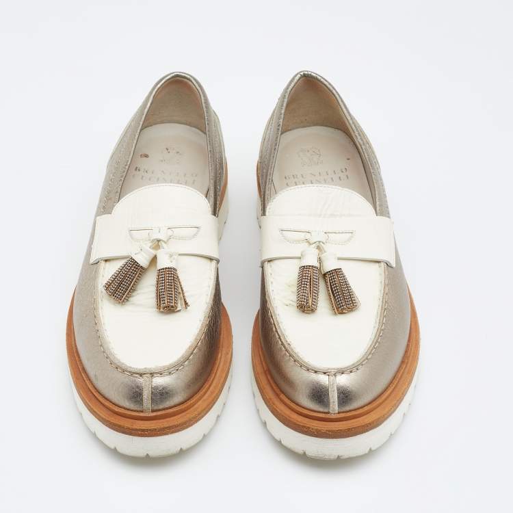 Pre Owned Brunello Cucinelli Silver/White Leather Tassel Platform Slip On Loafers Size 36