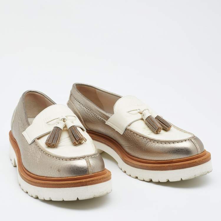 Pre Owned Brunello Cucinelli Silver/White Leather Tassel Platform Slip On Loafers Size 36
