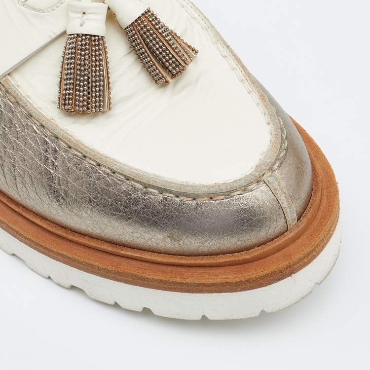 Pre Owned Brunello Cucinelli Silver/White Leather Tassel Platform Slip On Loafers Size 36