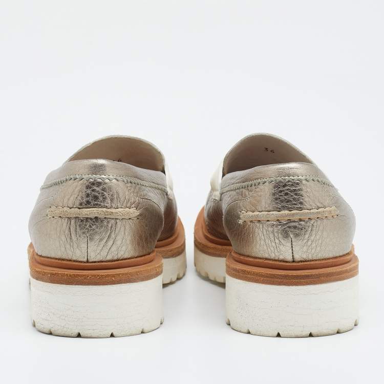 Pre Owned Brunello Cucinelli Silver/White Leather Tassel Platform Slip On Loafers Size 36
