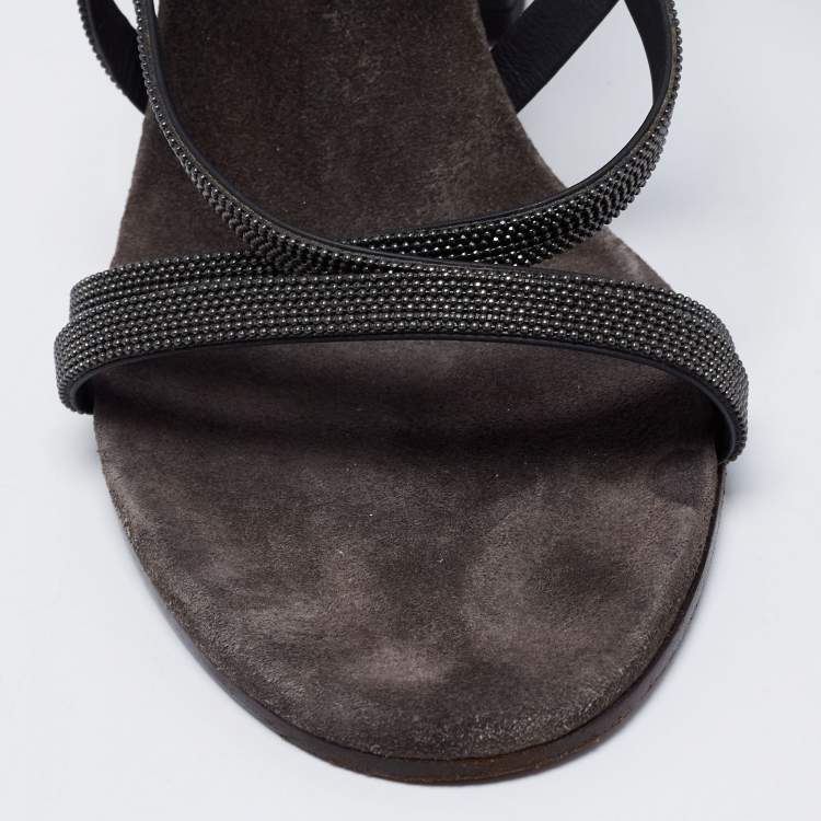 Pre Owned Brunello Cucinelli Grey Leather Embellished Cross Strap Block Heel Sandals Size 39