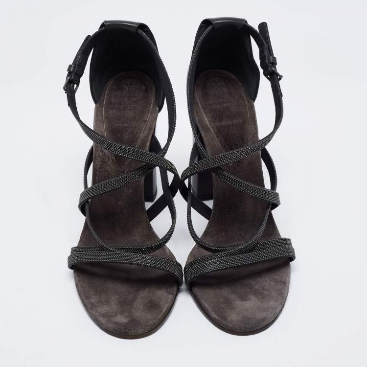 Pre Owned Brunello Cucinelli Grey Leather Embellished Cross Strap Block Heel Sandals Size 39
