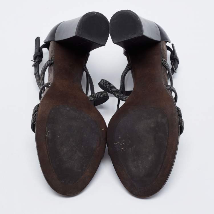 Pre Owned Brunello Cucinelli Grey Leather Embellished Cross Strap Block Heel Sandals Size 39