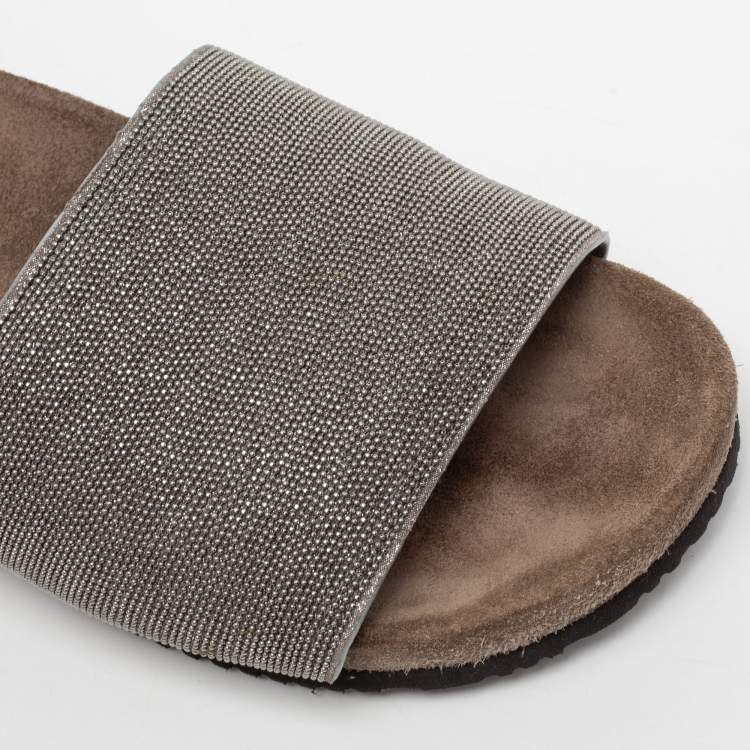 Pre Owned Brunello Cucinelli Metallic Grey Beads Monili Flat Slides Size 38
