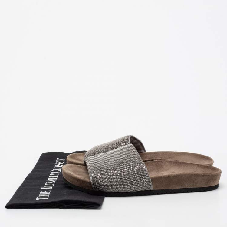 Pre Owned Brunello Cucinelli Metallic Grey Beads Monili Flat Slides Size 38