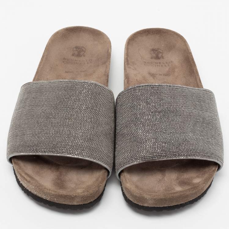 Pre Owned Brunello Cucinelli Metallic Grey Beads Monili Flat Slides Size 38