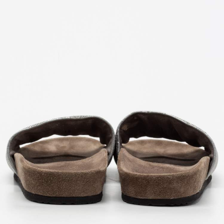 Pre Owned Brunello Cucinelli Metallic Grey Beads Monili Flat Slides Size 38