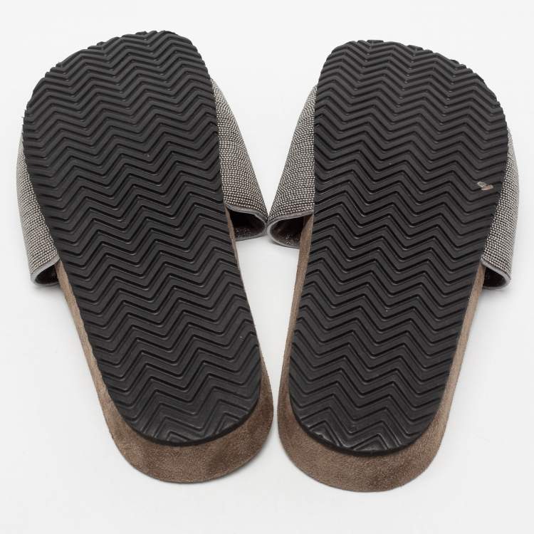 Pre Owned Brunello Cucinelli Metallic Grey Beads Monili Flat Slides Size 38