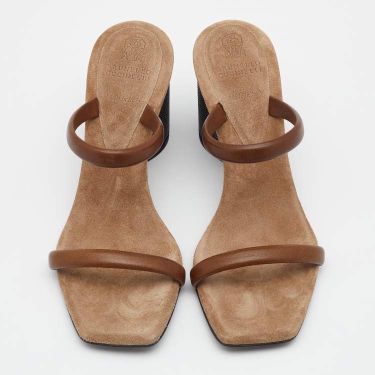 Pre Owned Brunello Cucinelli Brown Leather Beaded Block Heel Slide Sandals Size 37