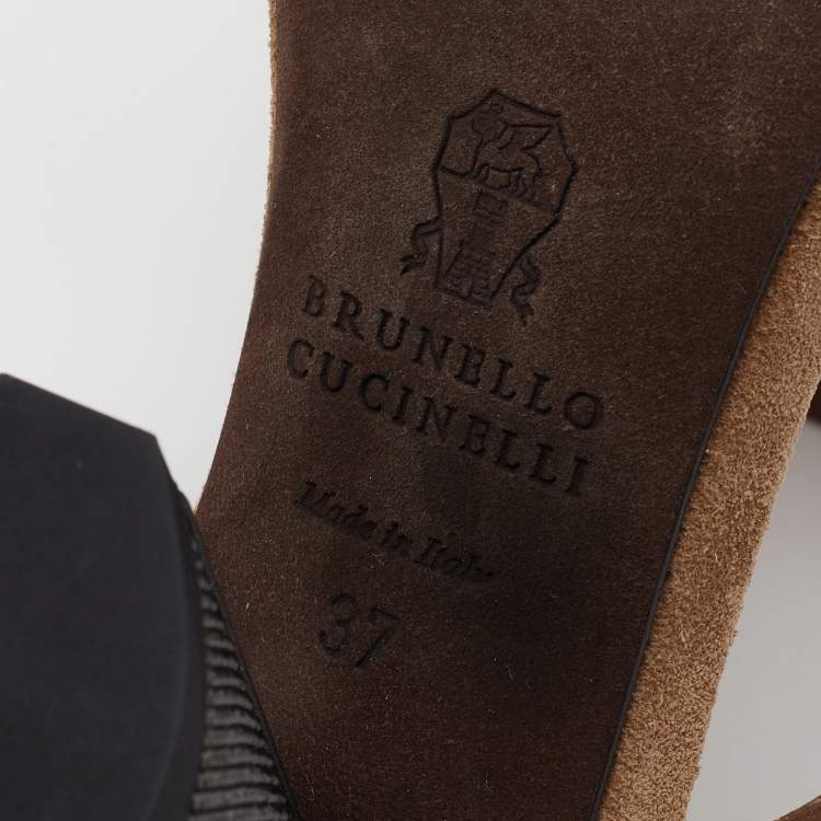 Pre Owned Brunello Cucinelli Brown Leather Beaded Block Heel Slide Sandals Size 37