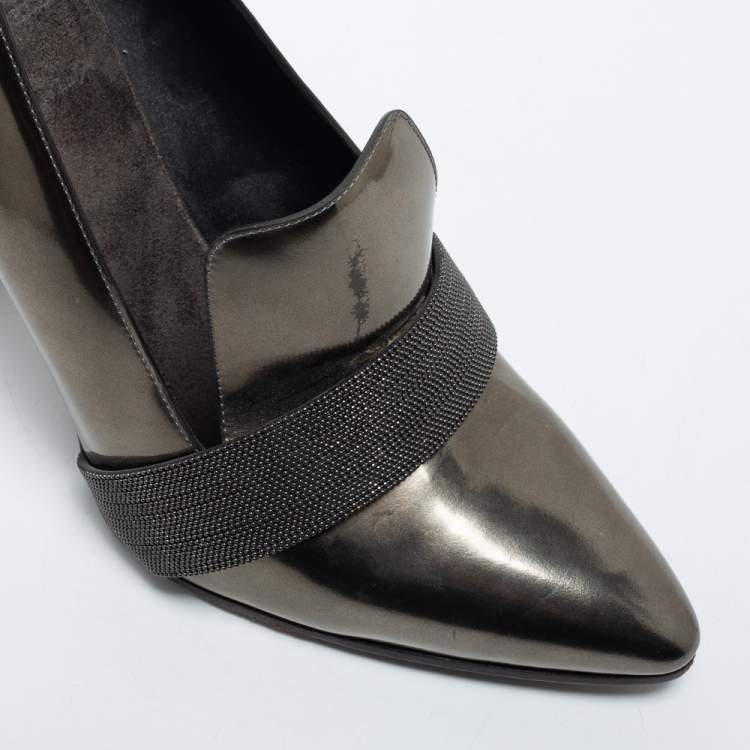 Pre Owned Brunello Cucinelli Metallic Patent Block Heel Pumps Size 39