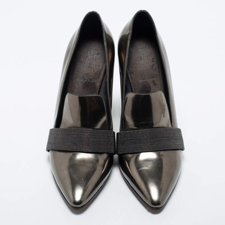 Pre Owned Brunello Cucinelli Metallic Patent Block Heel Pumps Size 39