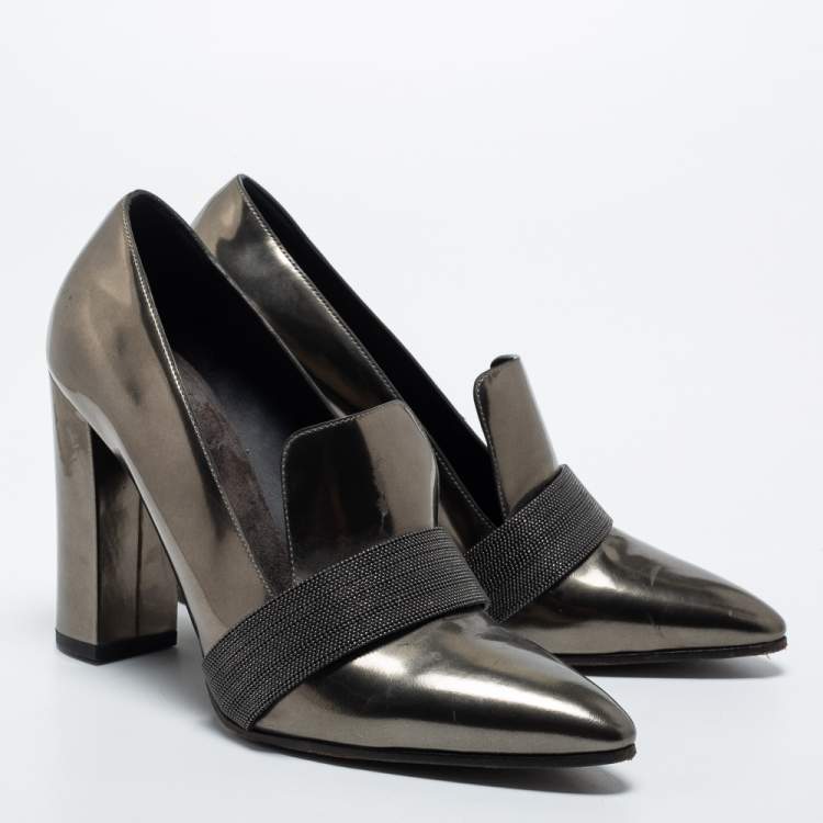 Pre Owned Brunello Cucinelli Metallic Patent Block Heel Pumps Size 39