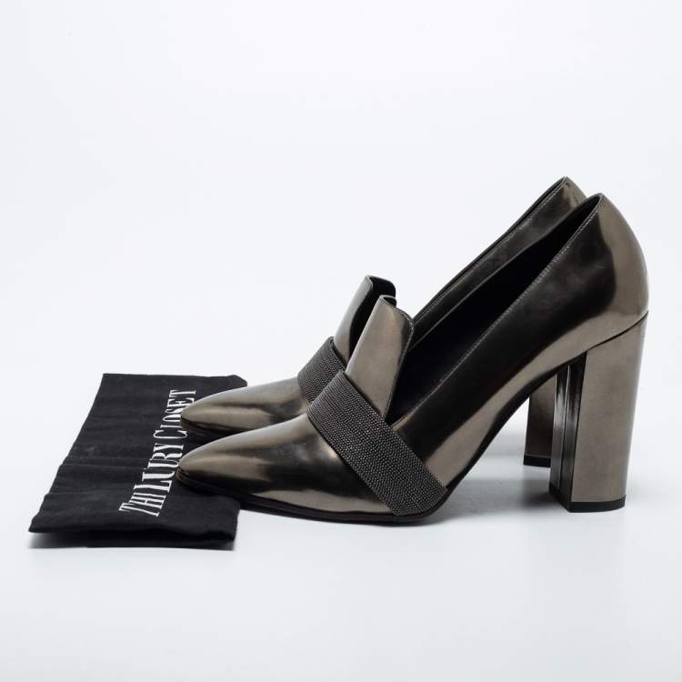 Pre Owned Brunello Cucinelli Metallic Patent Block Heel Pumps Size 39