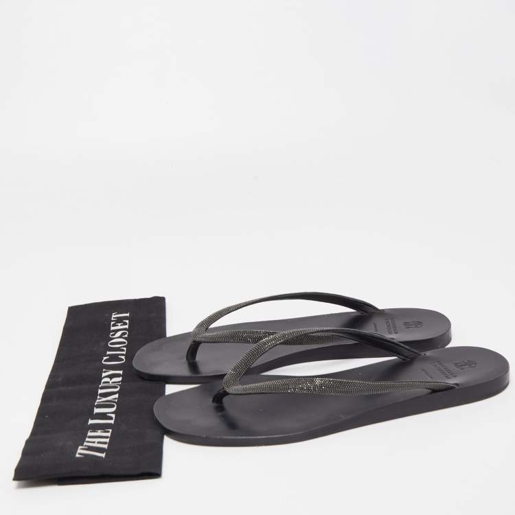 Pre Owned Brunello Cucinelli Black Glitter Monili Thong Slide Flat Size 40