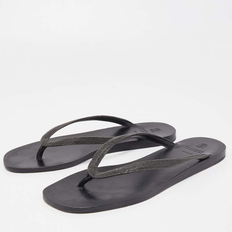 Pre Owned Brunello Cucinelli Black Glitter Monili Thong Slide Flat Size 40