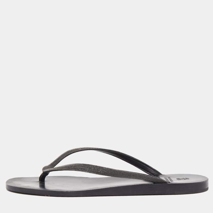 Pre Owned Brunello Cucinelli Black Glitter Monili Thong Slide Flat Size 40