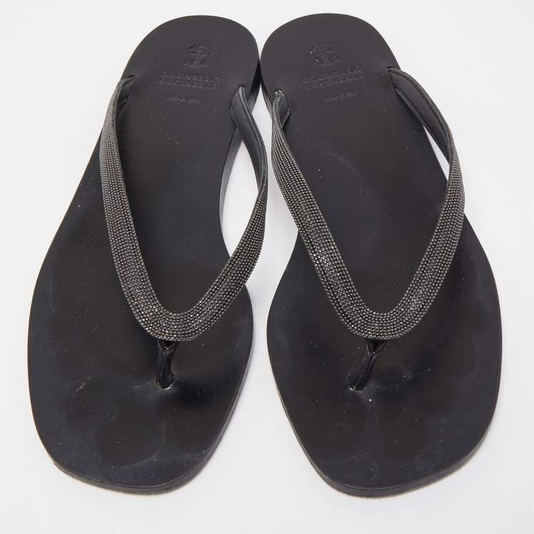 Pre Owned Brunello Cucinelli Black Glitter Monili Thong Slide Flat Size 40