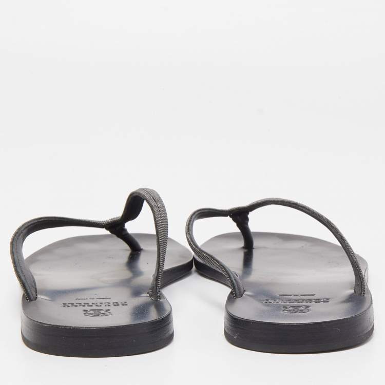 Pre Owned Brunello Cucinelli Black Glitter Monili Thong Slide Flat Size 40