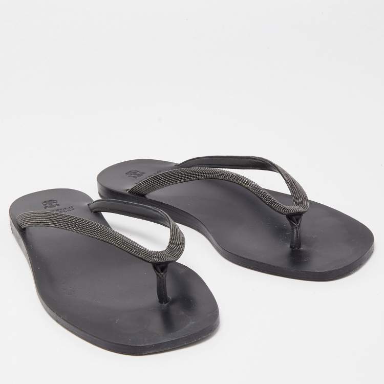 Pre Owned Brunello Cucinelli Black Glitter Monili Thong Slide Flat Size 40