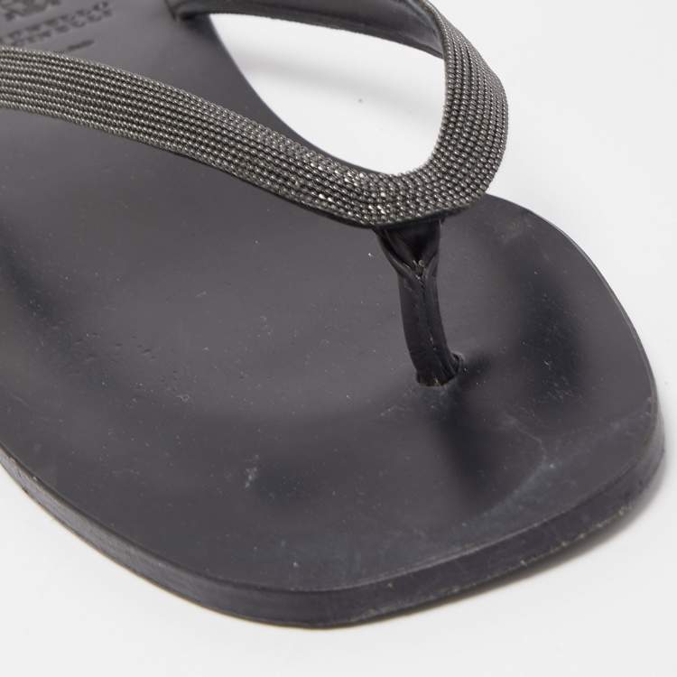 Pre Owned Brunello Cucinelli Black Glitter Monili Thong Slide Flat Size 40