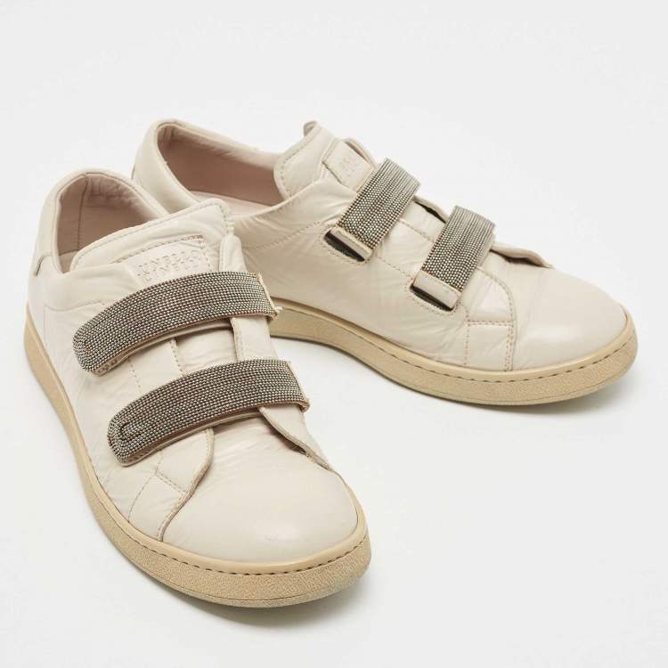Pre Owned Brunello Cucinelli Cream Leather Velcro Strap Low Top Sneakers Size 37