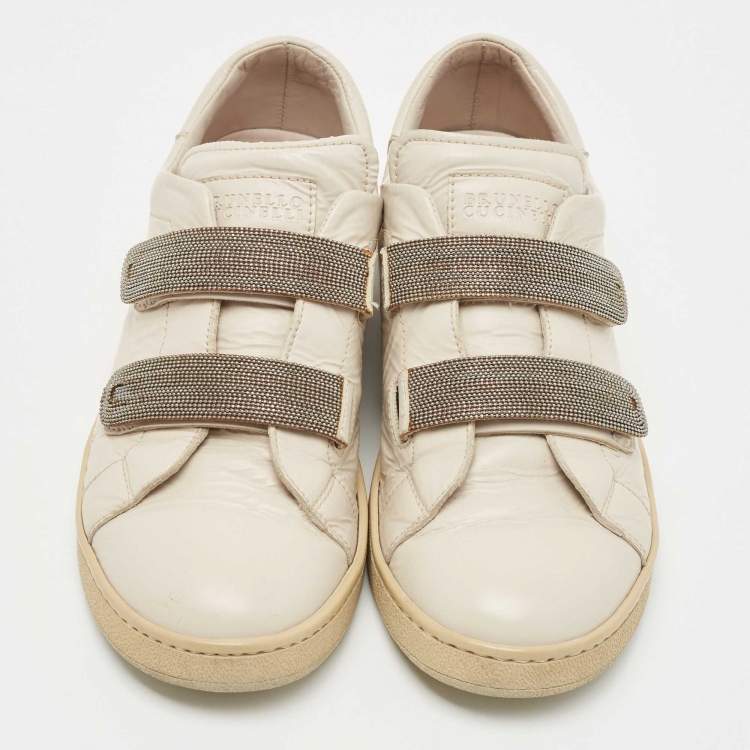 Pre Owned Brunello Cucinelli Cream Leather Velcro Strap Low Top Sneakers Size 37