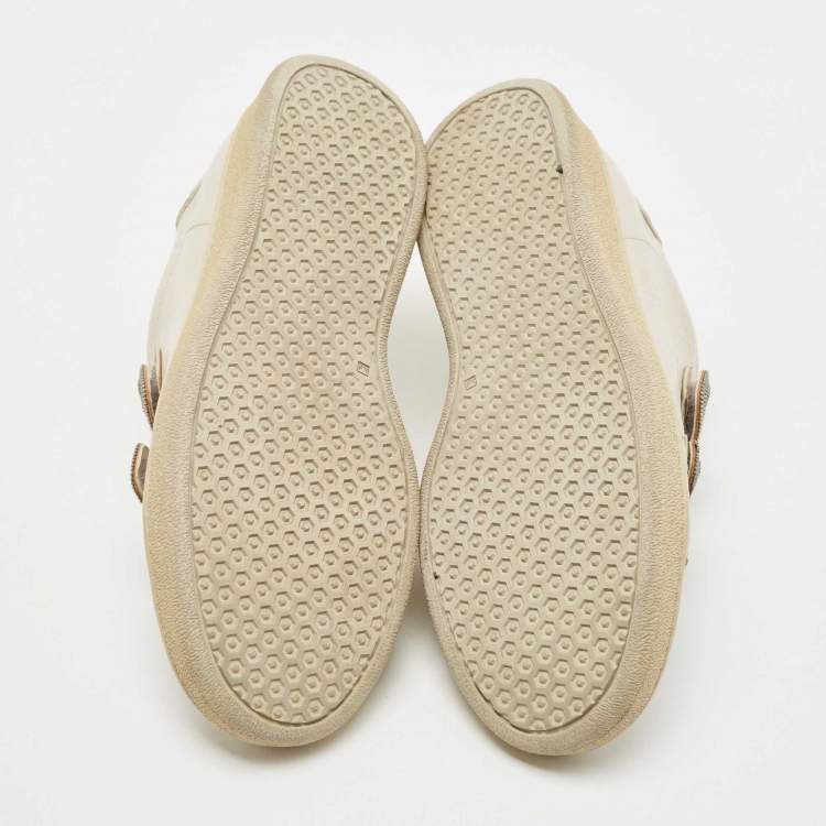 Pre Owned Brunello Cucinelli Cream Leather Velcro Strap Low Top Sneakers Size 37