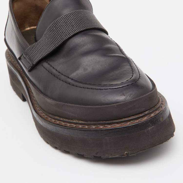 Pre Owned Brunello Cucinelli Dark Brown Leather Bead Embellished Loafers Size 40