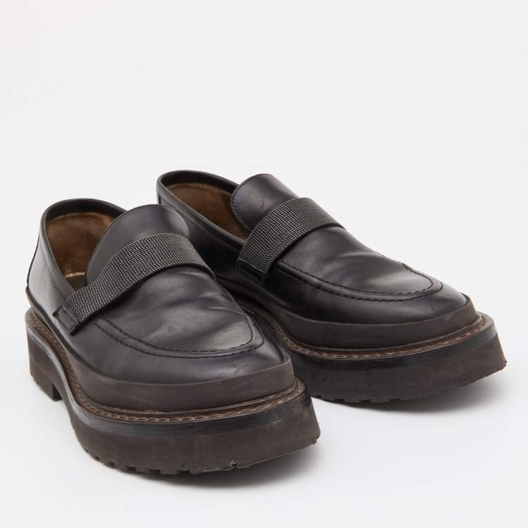 Pre Owned Brunello Cucinelli Dark Brown Leather Bead Embellished Loafers Size 40