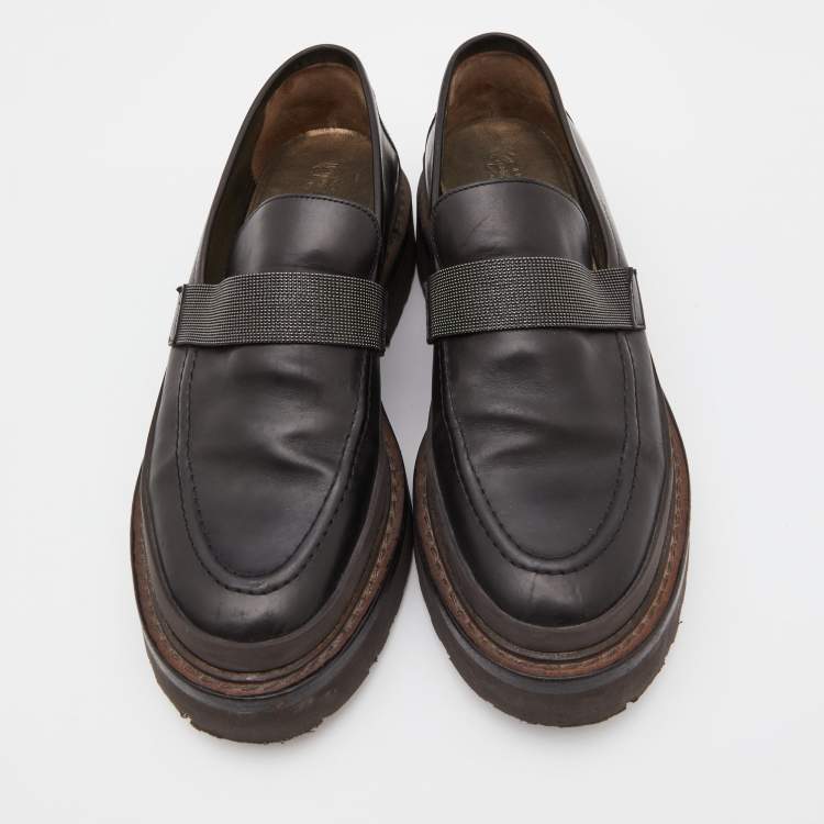 Pre Owned Brunello Cucinelli Dark Brown Leather Bead Embellished Loafers Size 40