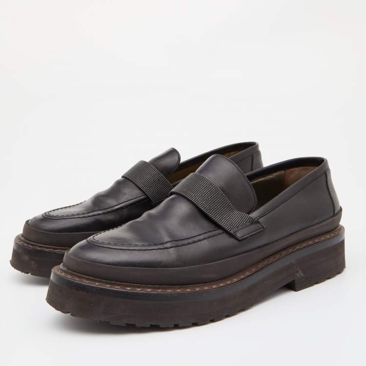 Pre Owned Brunello Cucinelli Dark Brown Leather Bead Embellished Loafers Size 40